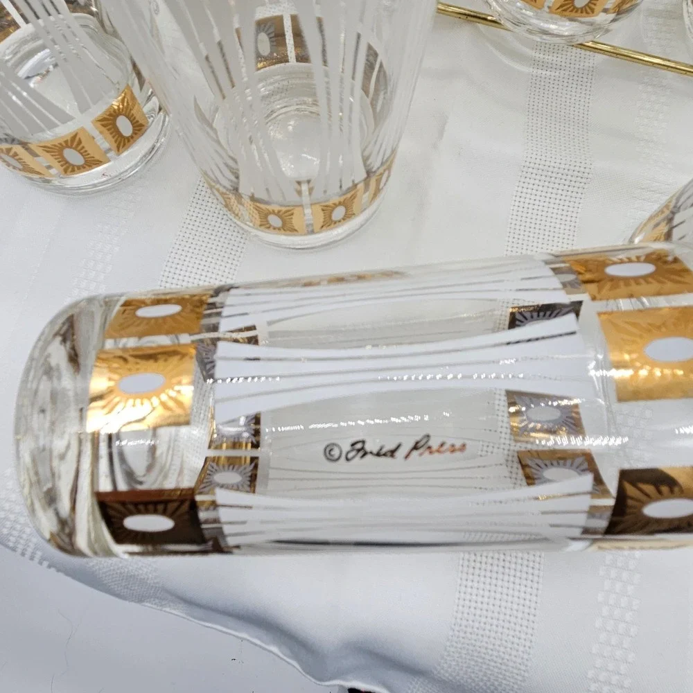 Set of 8 MCM Fred Press Frosted 22Kt Trim High Ball Glasses in‎ a Brass Caddy